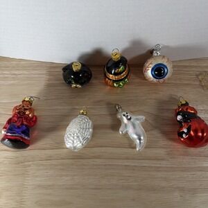 Lot of 7 Hallmark 2002 Mini Blown Glass Halloween Witch Cat Bat Ornaments